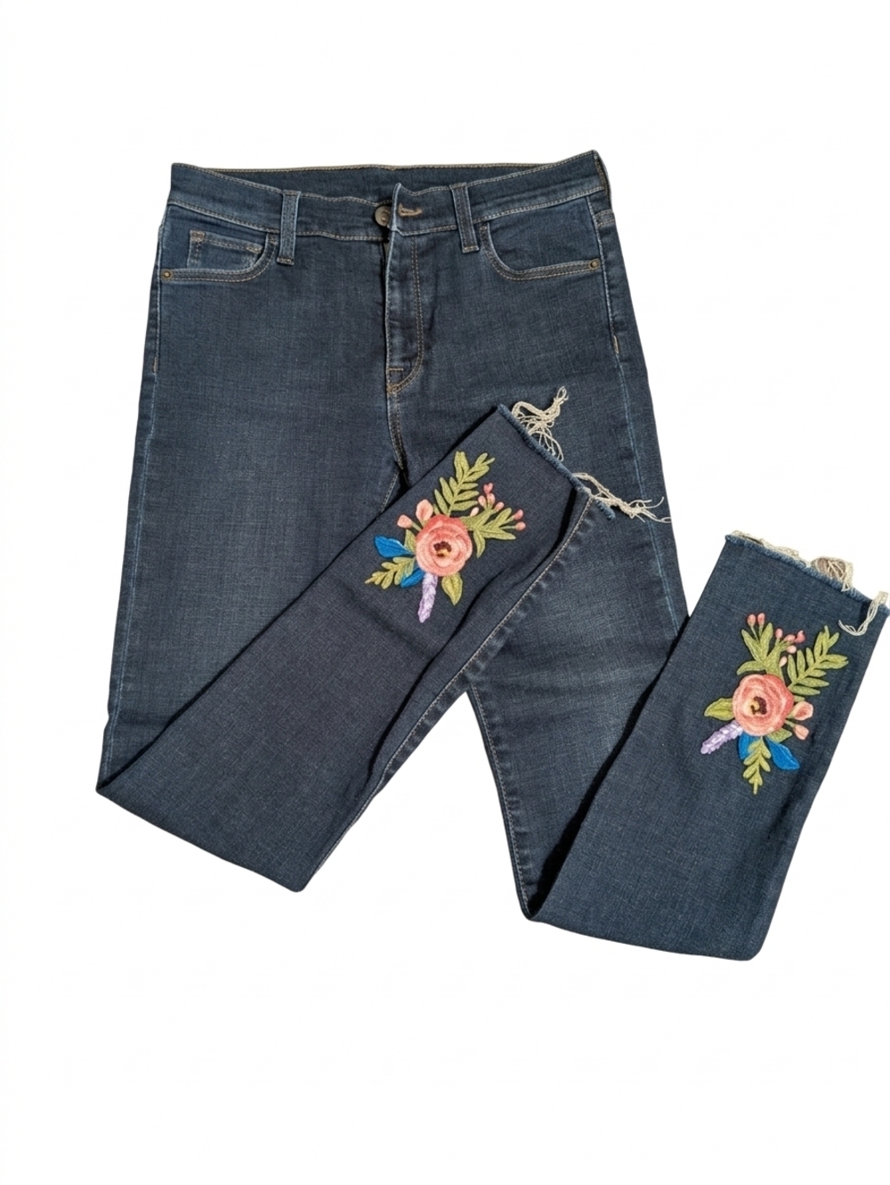 Vibrant Floral Embroidered Skinny Jeans | Dark Wash Denim Measures 26x28 Fall